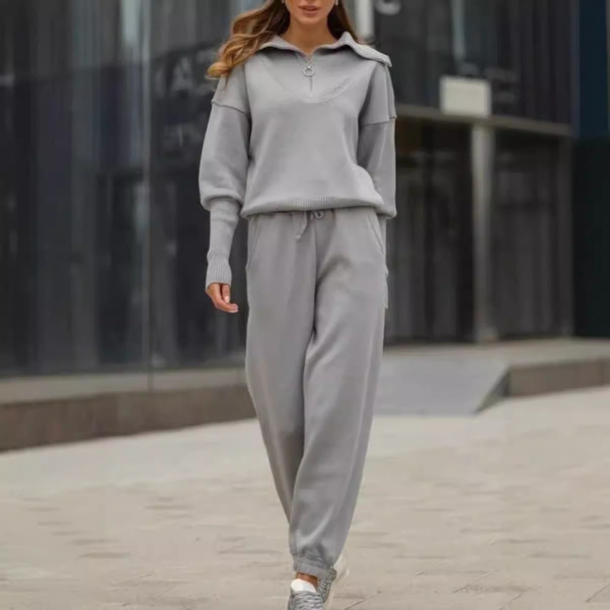 Ensemble Casual – Veste Zippée à Col Revers & Pantalon à Cordon