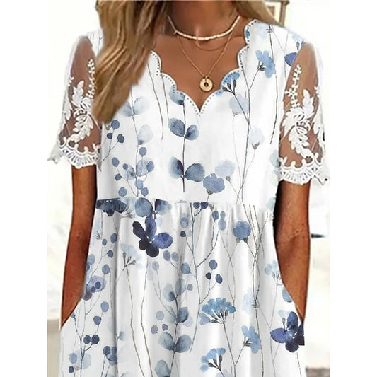Robe Fleurie Blanche – V-neck Swing Vacances