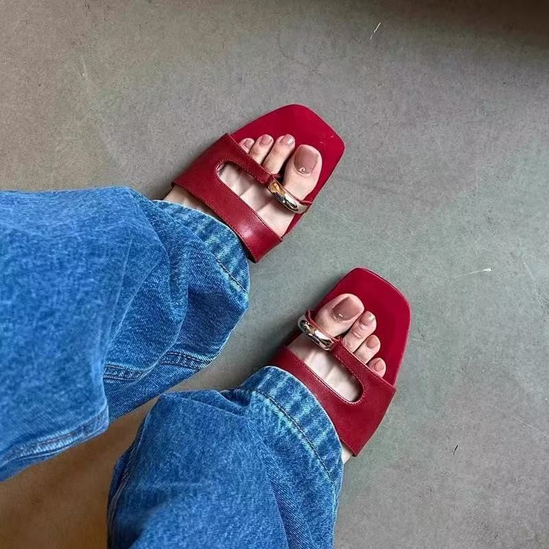 Sandales Plates Rouge Style Minimaliste avec Anneau Tendance