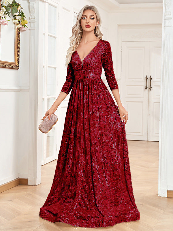 Robe de Soirée à Sequins – Col V Taille Haute