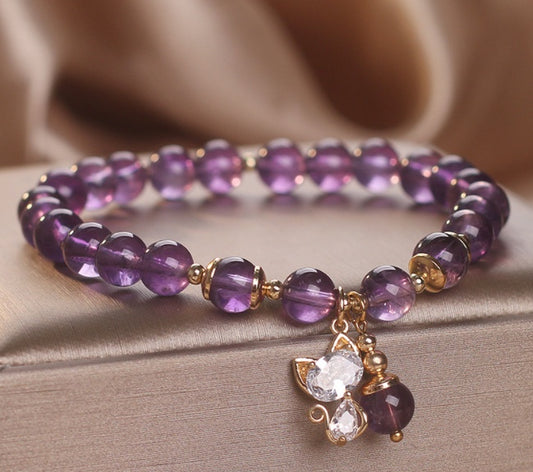 Bracelet Femme Améthyste Naturelle & Pendentif Chat Féminin