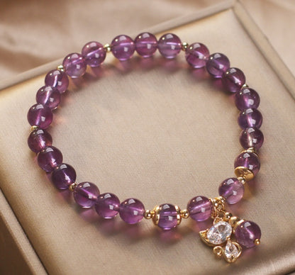 Bracelet Femme Améthyste Naturelle & Pendentif Chat Féminin