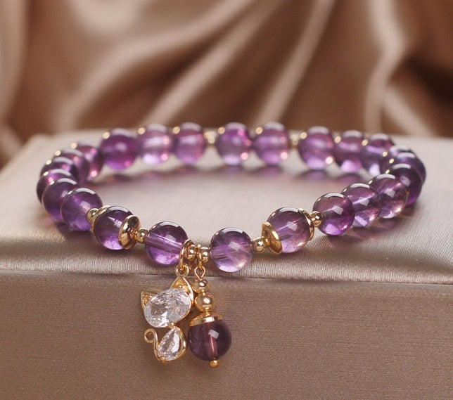 Bracelet Femme Améthyste Naturelle & Pendentif Chat Féminin