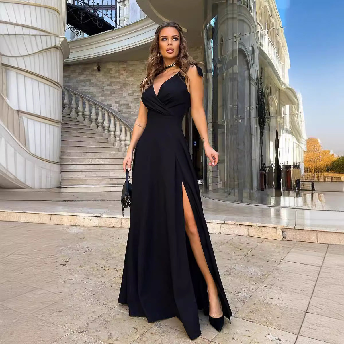 Robe Longue Plissée Femme – Couleur Unie Chic
