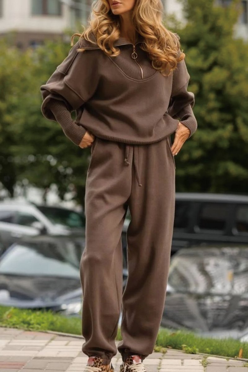 Ensemble Casual – Veste Zippée à Col Revers & Pantalon à Cordon