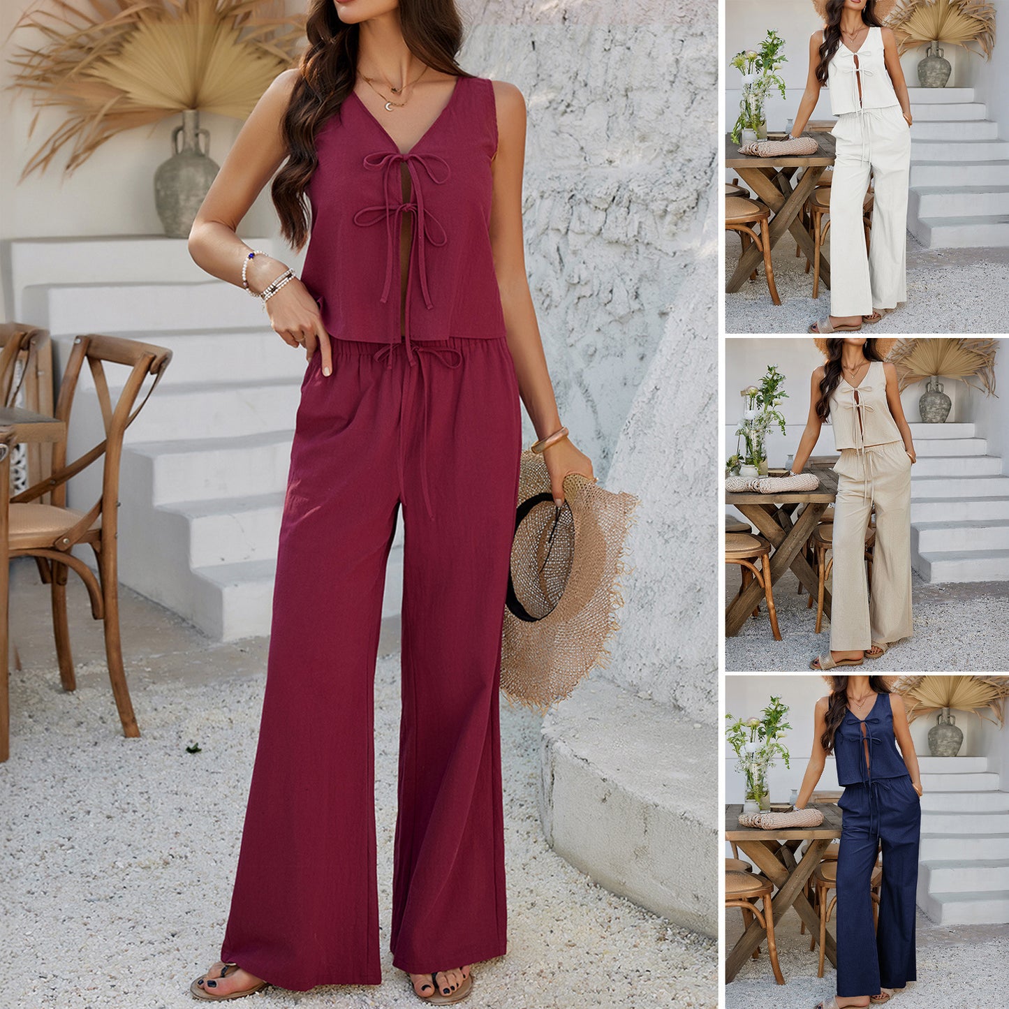 Ensemble femme casual chic – Top lacé & pantalon large