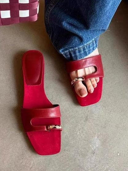 Sandales Plates Rouge Style Minimaliste avec Anneau Tendance