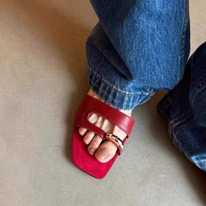 Sandales Plates Rouge Style Minimaliste avec Anneau Tendance