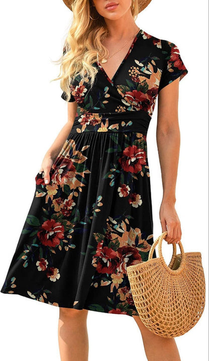 Robe estivale élégante femme, manches courtes, style casual chic.