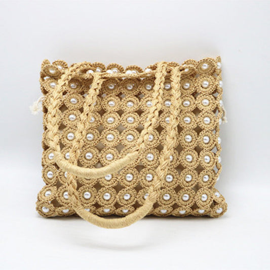 Sac à main tressé carré avec poignée perles
