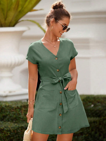 Robe Ceinturée Femme – Manches Chauve-Souris & Poches