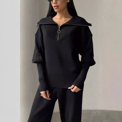 Ensemble Casual – Veste Zippée à Col Revers & Pantalon à Cordon